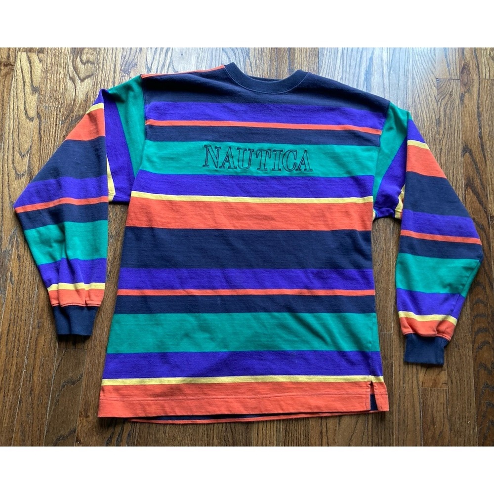 Vintage 90s Nautica Sweater Mens XL Colorblock Striped Pullover Spell Out